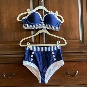 Bikini. High waist. Navy with white buttons. Size Medium.
